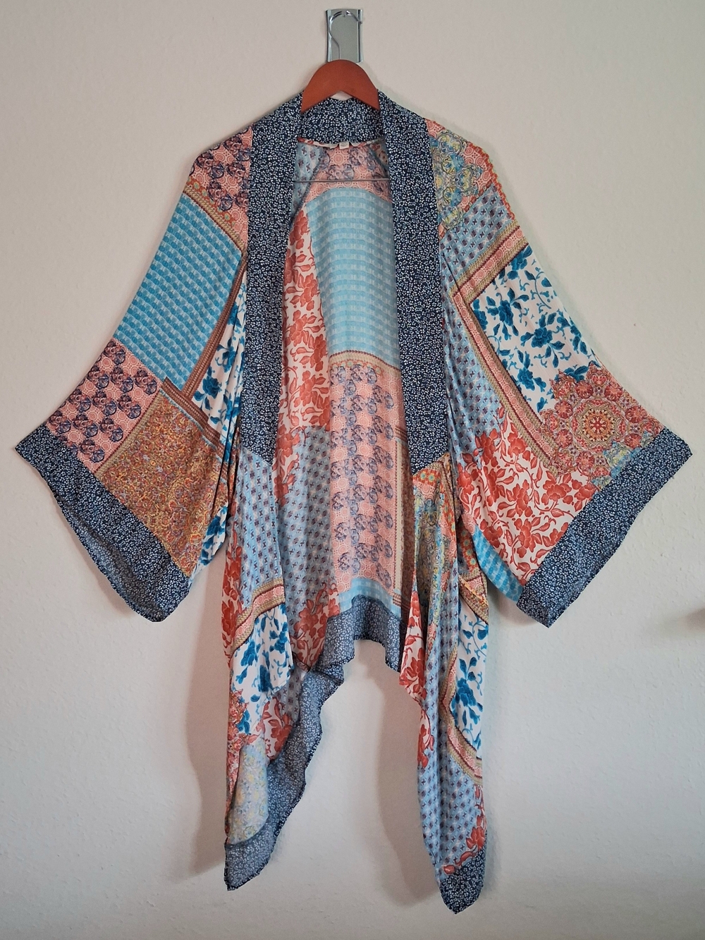 Umgee Boho Patchwork Kimono in Coral and Aqua